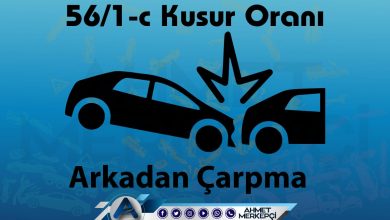 arkadan çarpma trafik kazası 56/1-c kusur maddesi asli kusur olarak sayılmaktadır. Genel olarak 56/1c %75 (yetmiş beş) olarak kabul edilir. 56/1c birinci derecede sorumlu anlamına gelir.